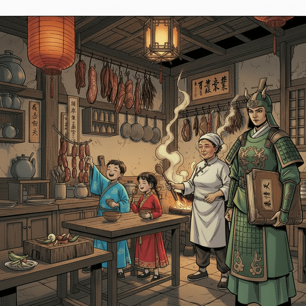 Three men cook in a traditional kitchen while a warrior in green armor thinks, 'WONDER WHAT FOR DINNER..!' A cook says, 'ALMOST DONE, SHIFU!'