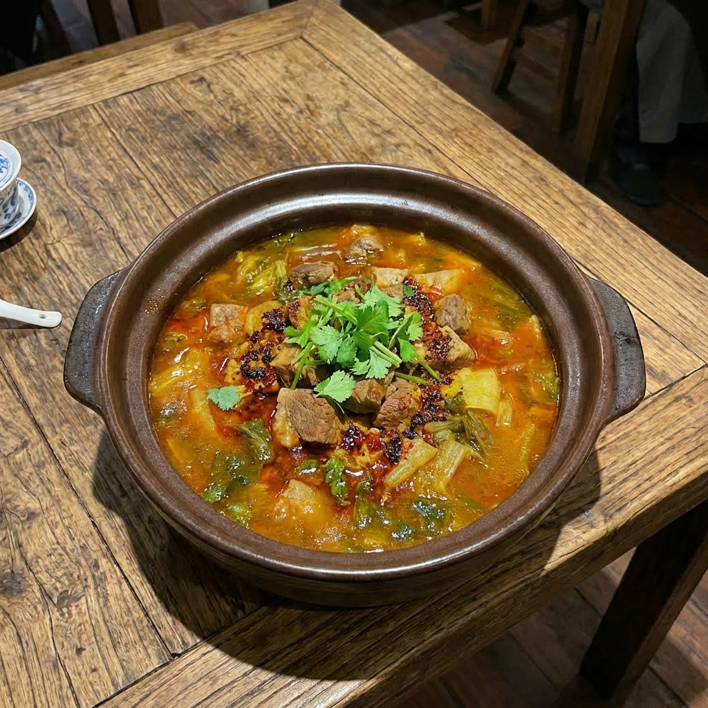 Steaming ceramic pot of spicy beef stew with vegetables and cilantro on a wooden table.