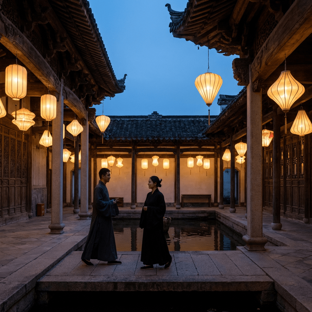 Two people in traditional dress standing in a lantern-lit Chinese courtyard at dusk.