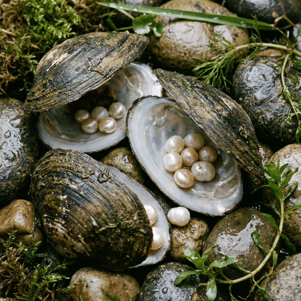 Three open freshwater mussel shells containing several white and pink pearls on wet river stones.