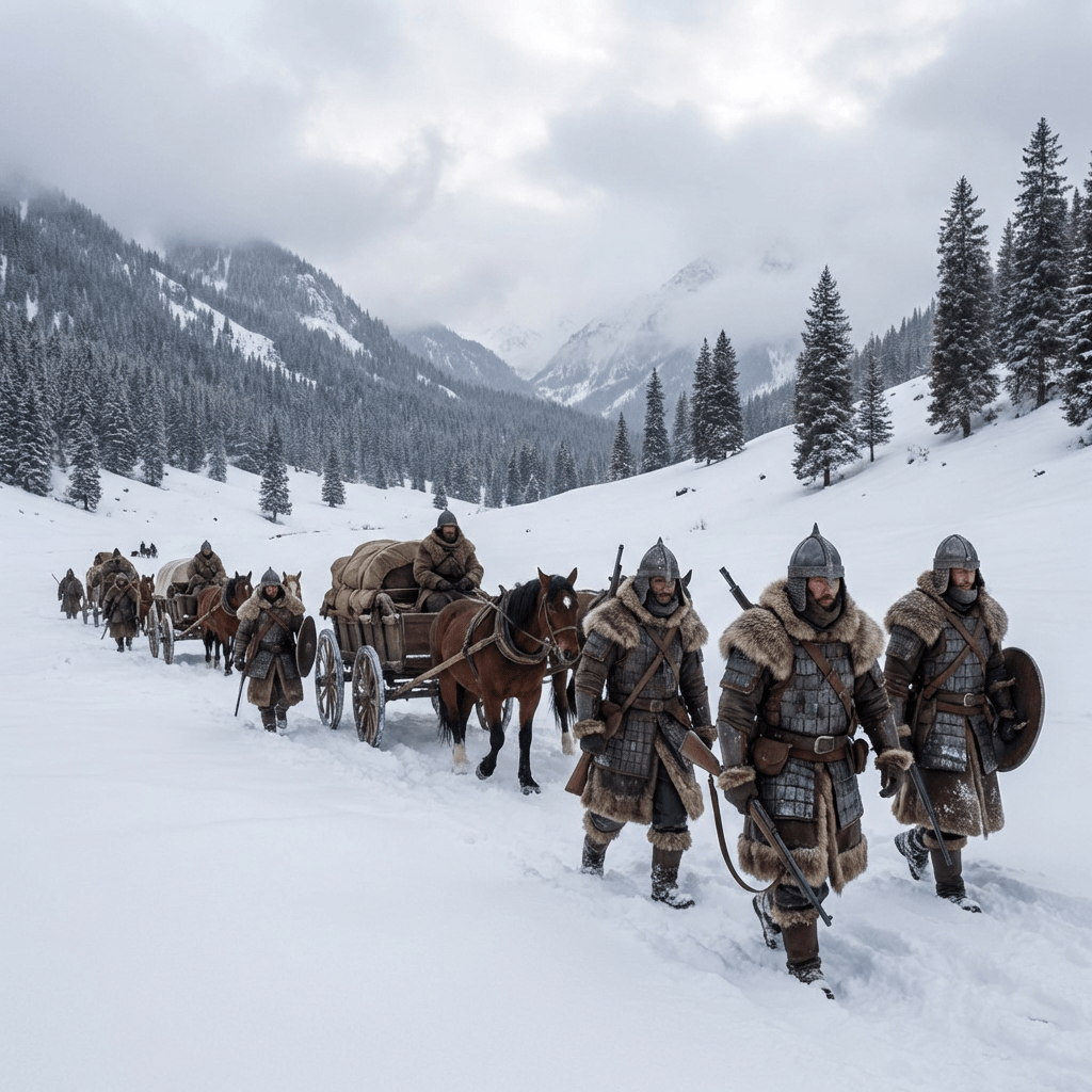 Warriors in fur-lined armor escorting horse-drawn wagons through a snowy mountain valley.