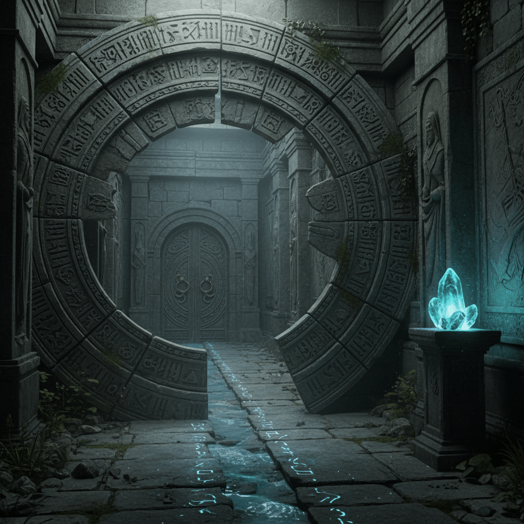 Large ancient stone circular portal inscribed with runes, open to stone doorway, with glowing blue crystal on pedestal