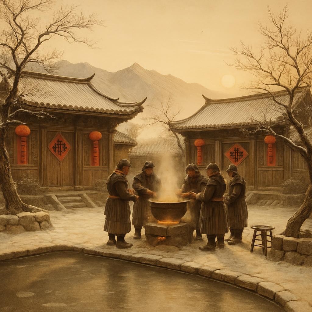 Group of people serving steaming food outdoors in a snowy traditional Chinese courtyard