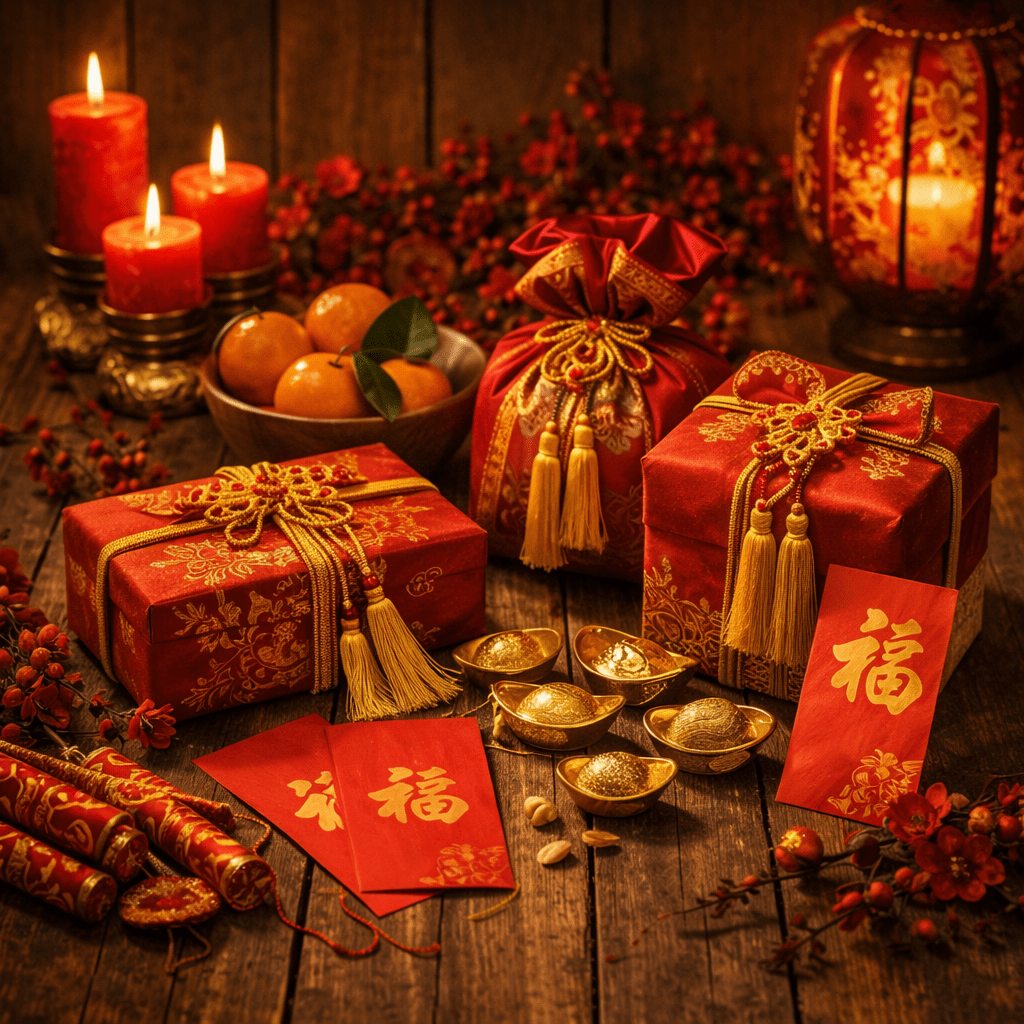 Wrapped gifts with ribbons, burning candles, pinecones, and festive decorations