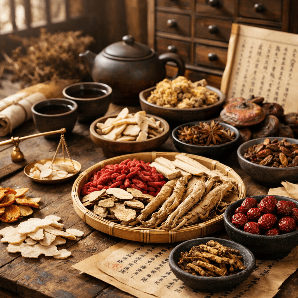 Various traditional Chinese medicinal herbs arranged in bowls and on a bamboo tray with old manuscripts and teapot