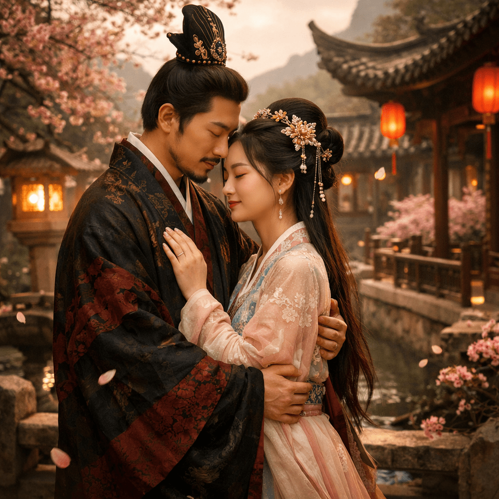 Couple in traditional Chinese clothing embracing near a lantern-lit courtyard with blooming cherry blossoms