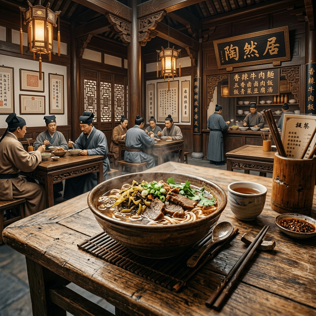 Steaming beef noodle soup with vegetables and herbs on wooden table in restaurant