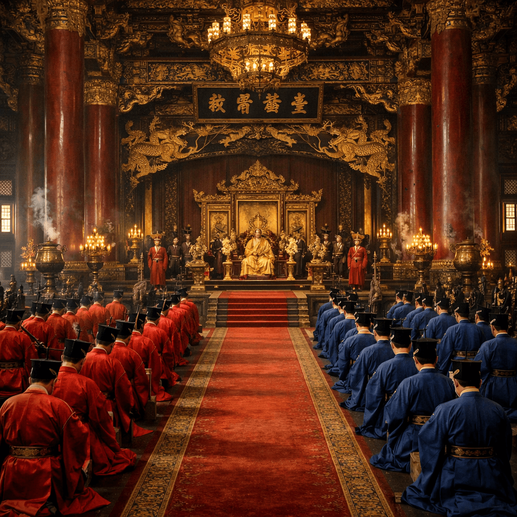 Emperor seated on an ornate throne with rows of kneeling officials in red and blue robes