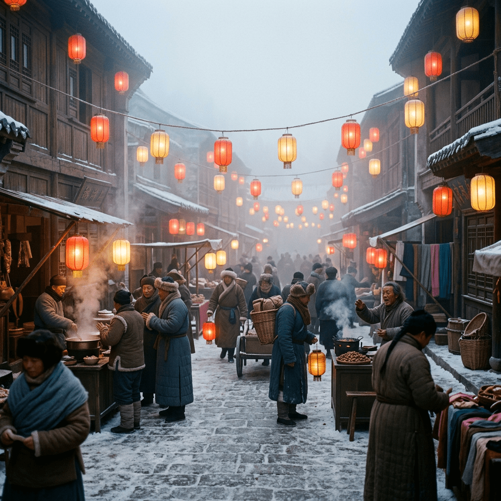 Crowded traditional market street with colorful hanging lanterns and vendors in winter clothing
