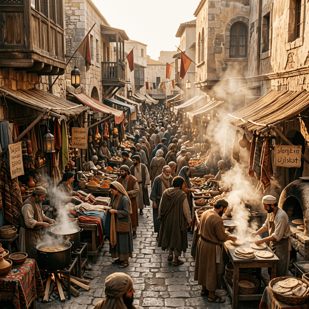 Busy medieval market street with vendors selling food, spices, and textiles
