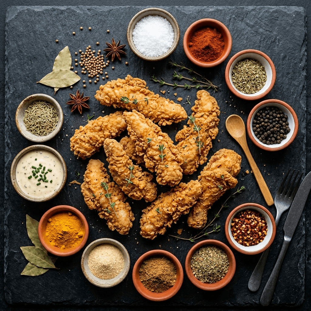Fried chicken pieces with various spices and herbs in small bowls on a dark surface.
