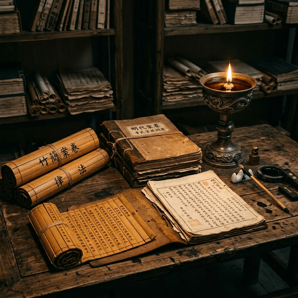Ancient Chinese manuscripts and bamboo scrolls on a wooden table with an oil lamp