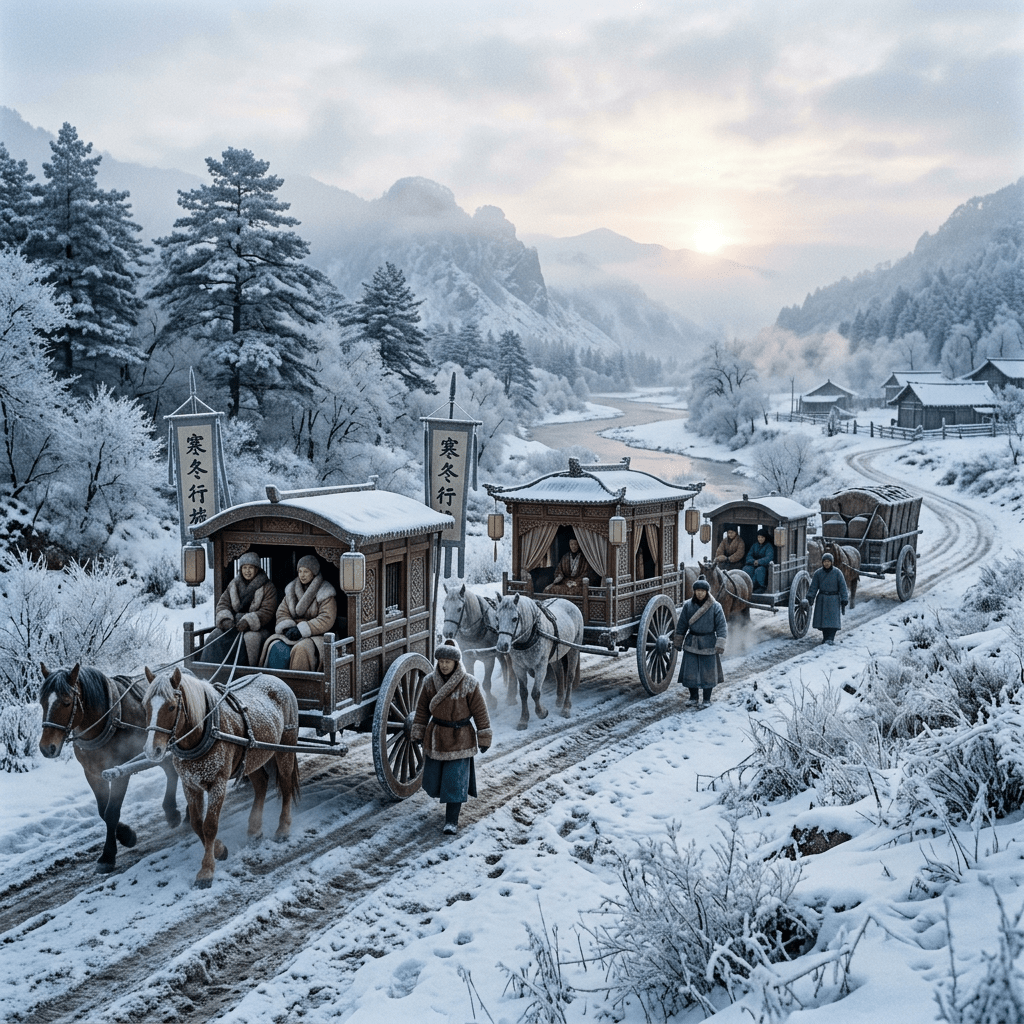 Horse-drawn carriages and people dressed in winter clothing traveling on a snowy road in a mountainous landscape.
