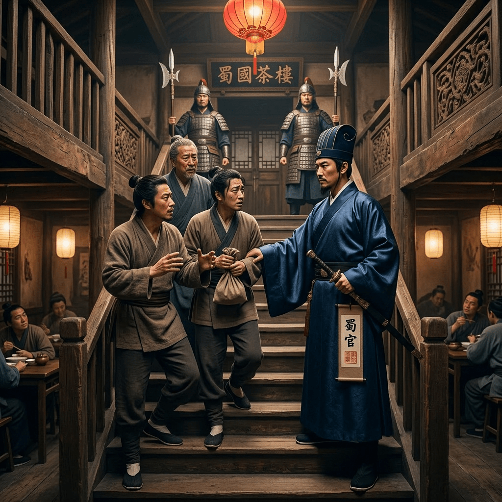 Ancient Chinese official in blue robe detaining two men on stairs with guards behind