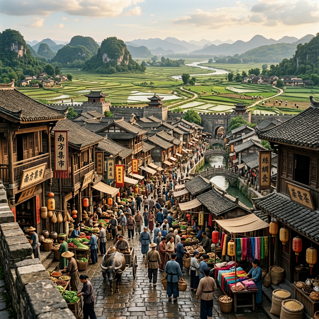 Traditional Chinese marketplace with many people, stalls, and old buildings