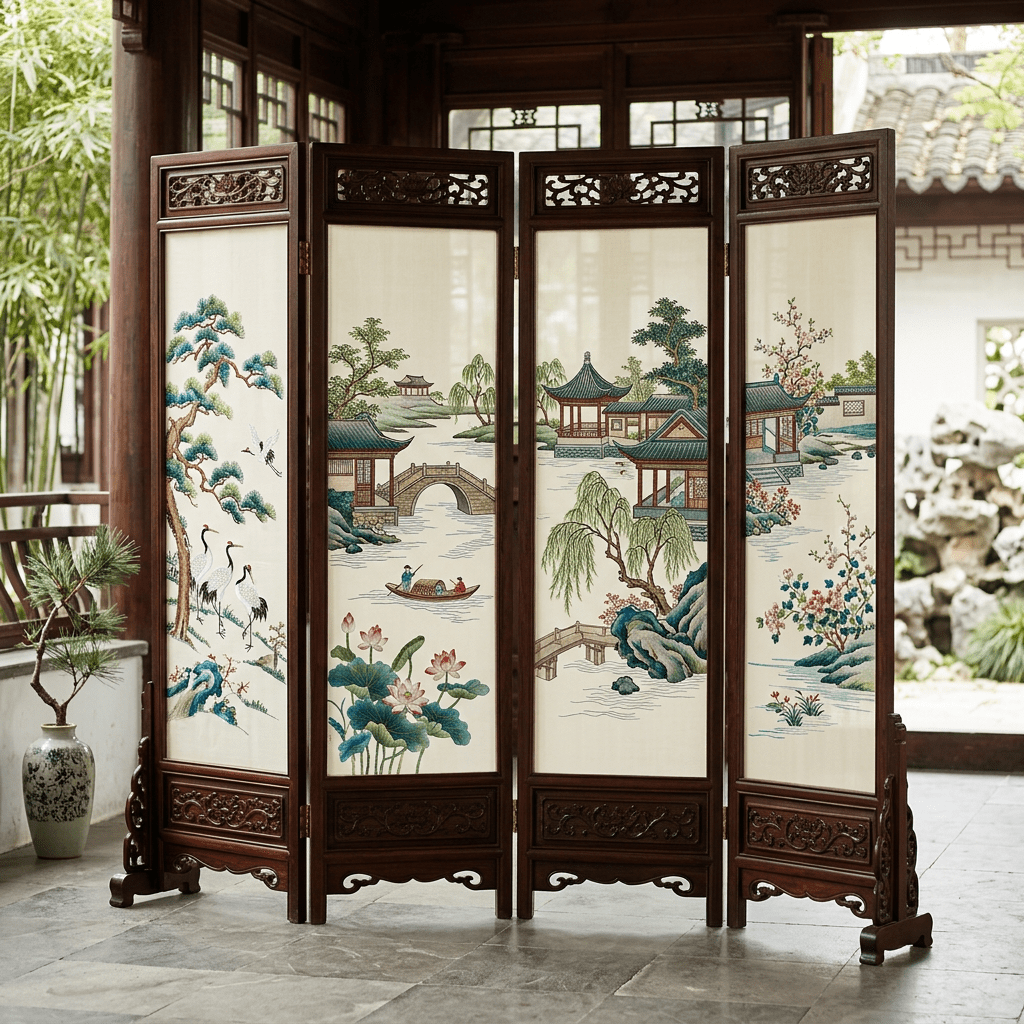 Four-panel folding screen with traditional Chinese landscape art featuring trees, cranes, a boat, bridges, and buildings