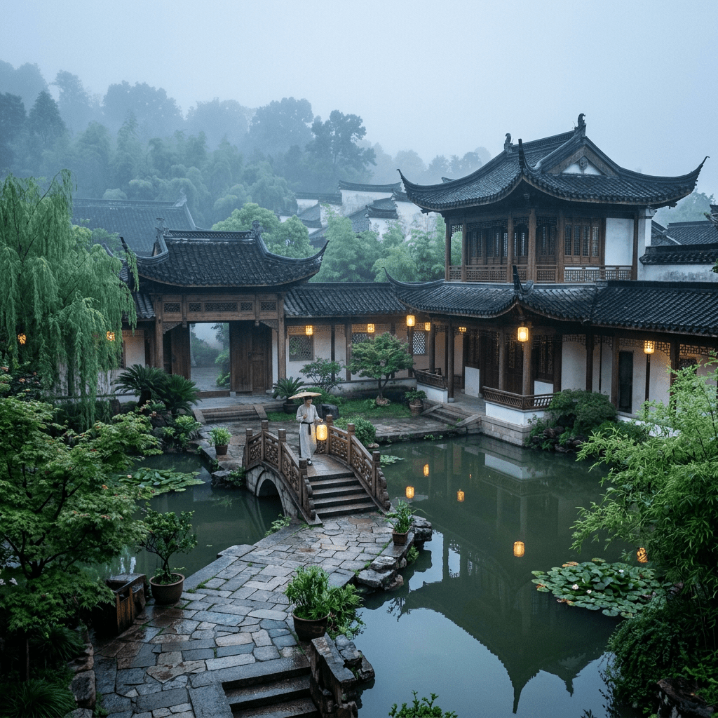 Traditional Chinese courtyard with stone bridge over pond and lanterns