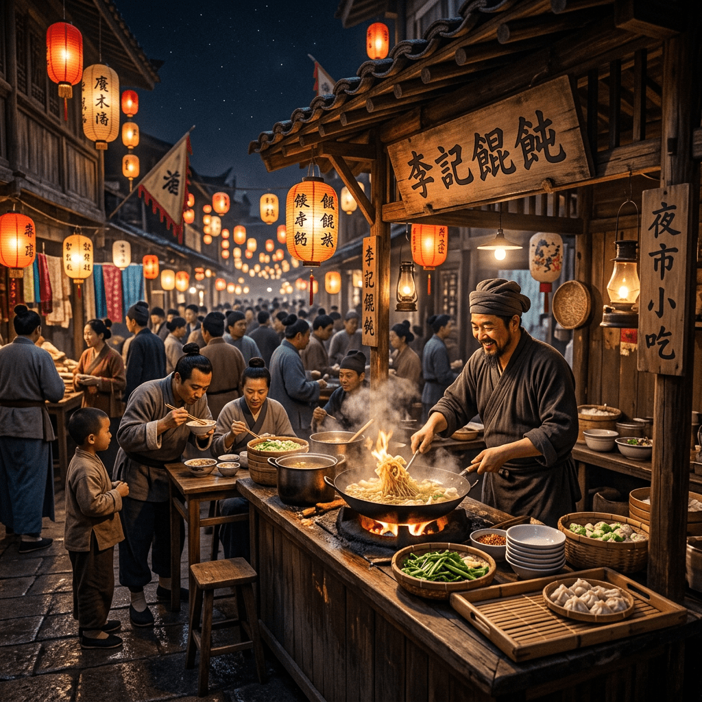 Lively Ming dynasty street food stall at night