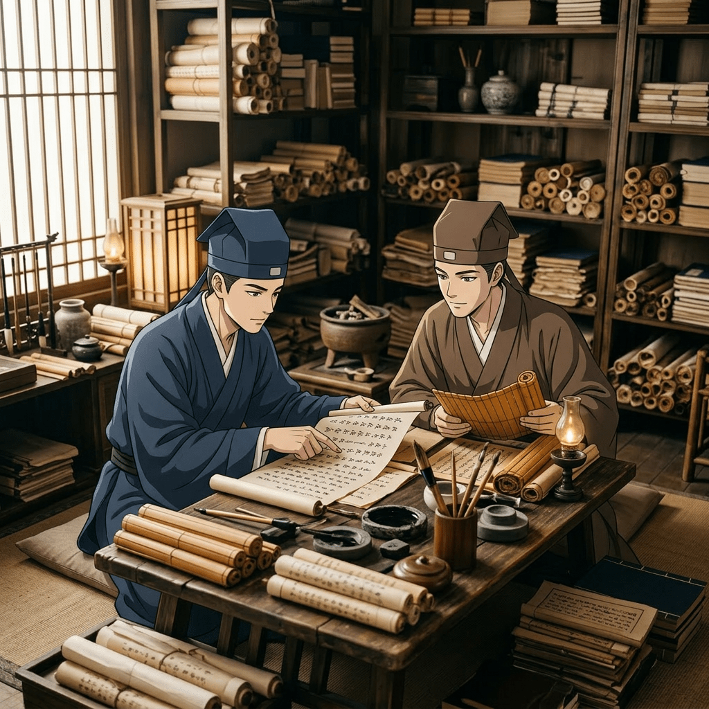 Two elderly scholars in traditional clothing studying ancient scrolls in a room lined with shelves of rolled manuscripts