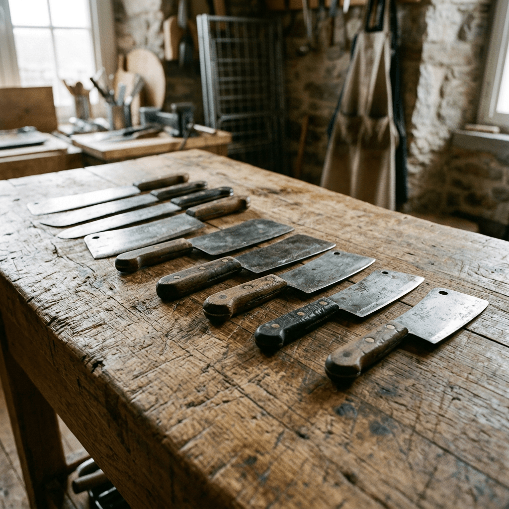 Row of cleavers on worn wooden table