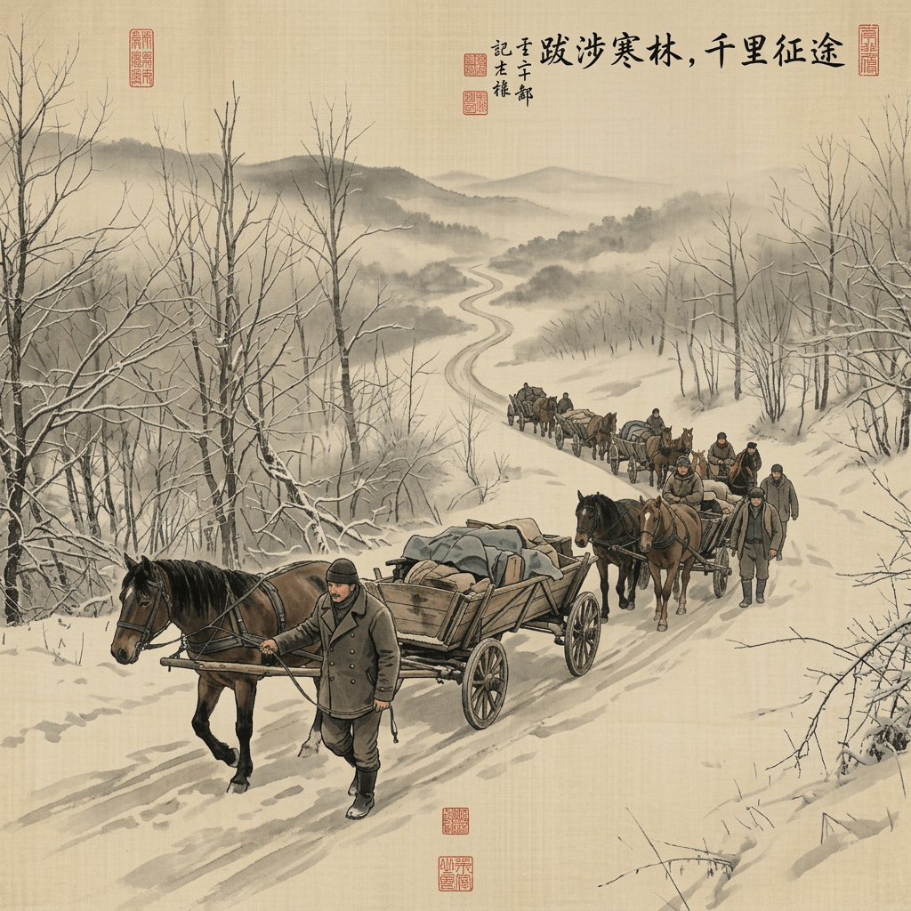 Several horse-drawn carts with people traveling on a snowy road surrounded by leafless trees.