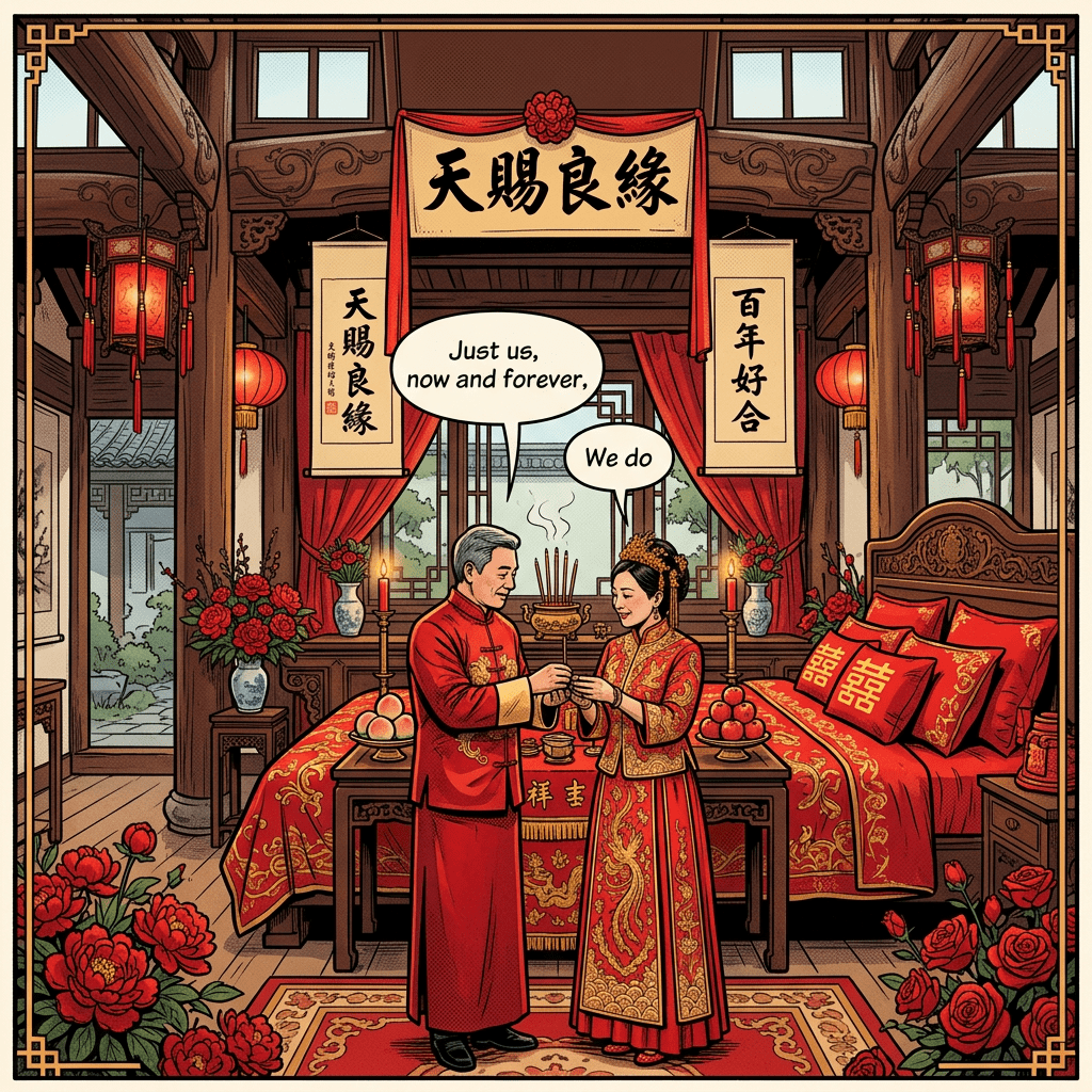 Couple exchanging tea in traditional Chinese wedding ceremony surrounded by family