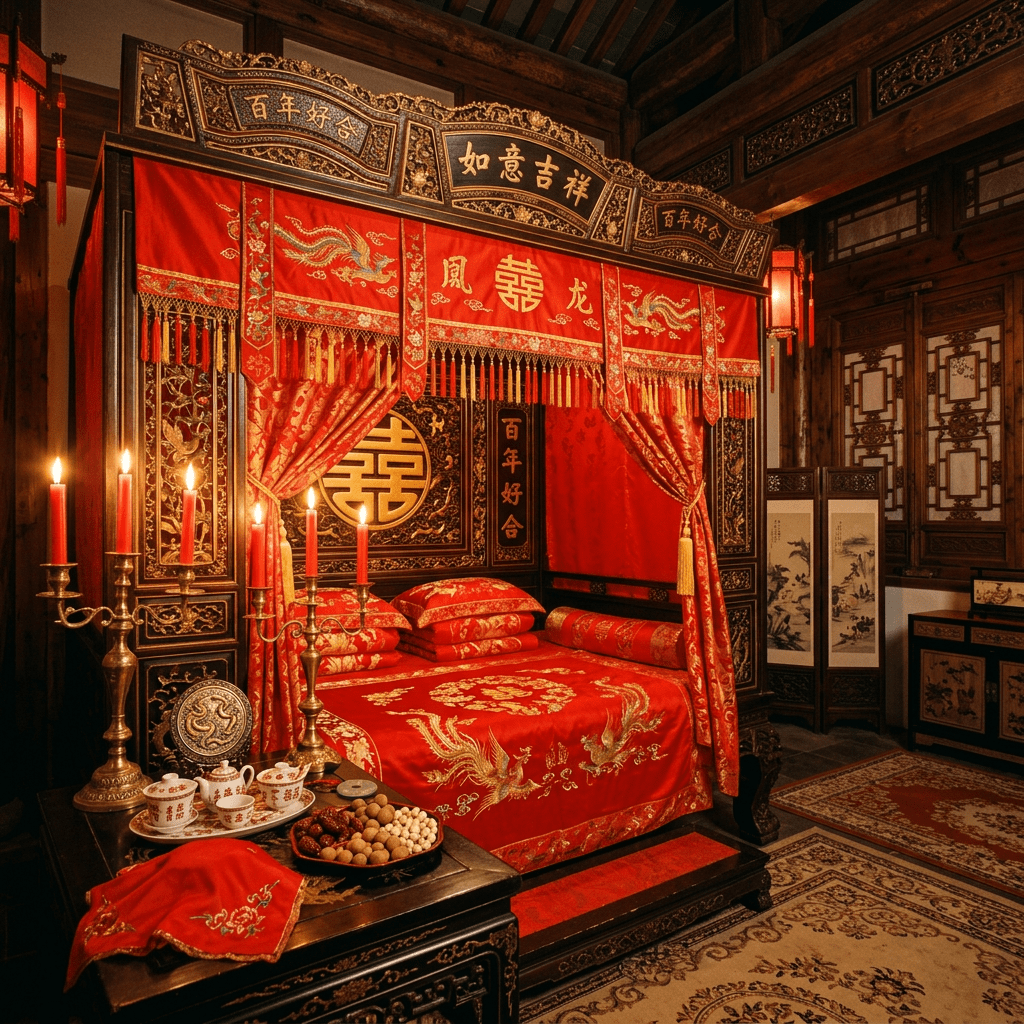 Ancient Chinese wedding chamber with red candles and canopy bed