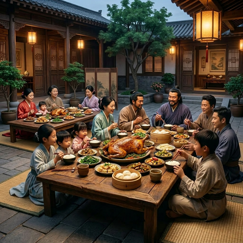 Multigenerational Asian family sitting around a low wooden table enjoying a traditional feast
