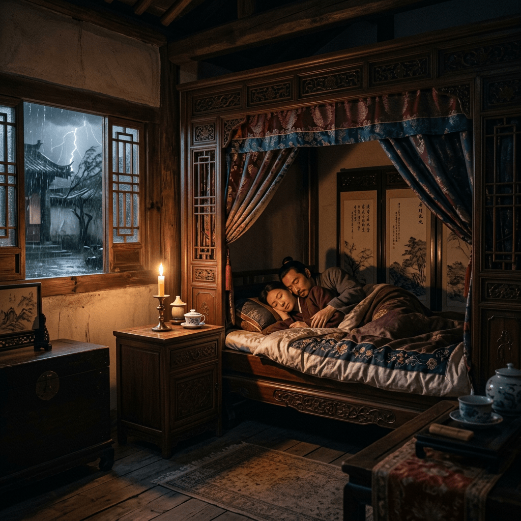 Couple sleeping in traditional wooden bed with curtain drapes during a rainy lightning storm outside window
