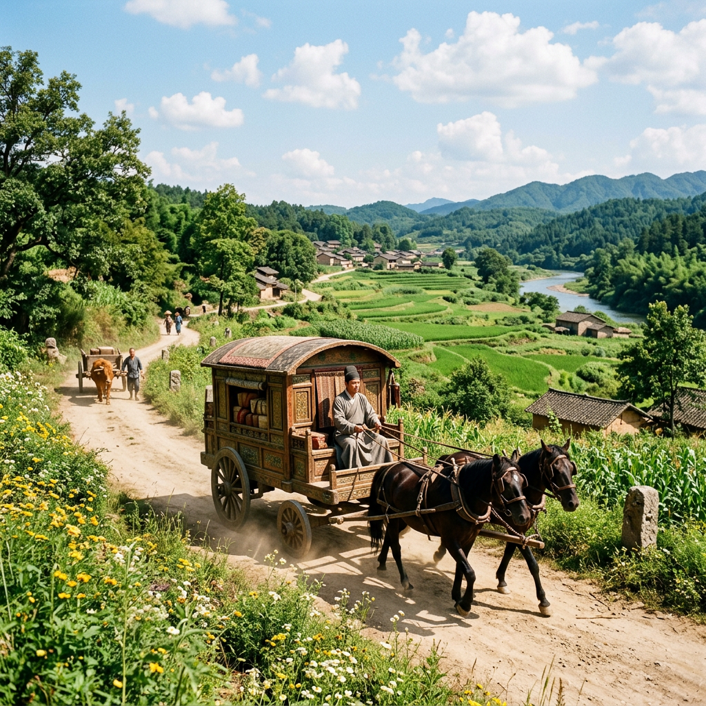 Man in traditional attire driving a horse-drawn carriage on a dirt road through countryside with fields and mountains