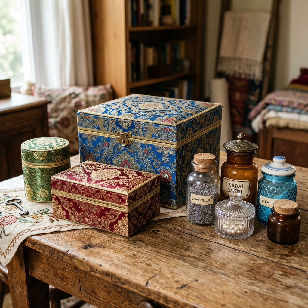 Fabric-covered decorative boxes and glass jars labeled Lavender, Herbal Balm, and Scents on a wooden table