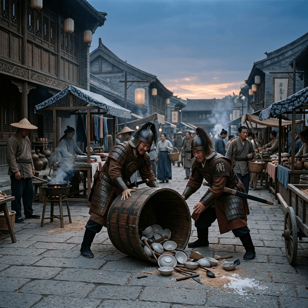 Two soldiers in traditional armor spilling a barrel with bowls and grains in a historical street market