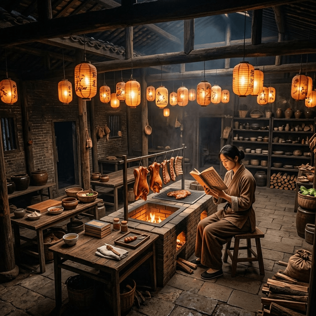 Group of people cooking and preparing food in a large traditional kitchen with hanging lanterns