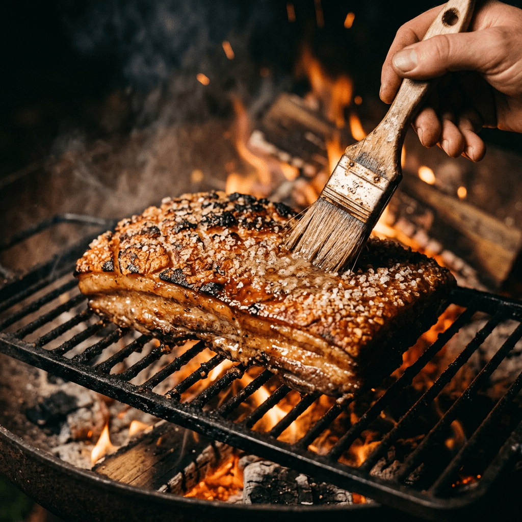 Pork crackling with coarse salt being brushed with glaze on a grill over open flames