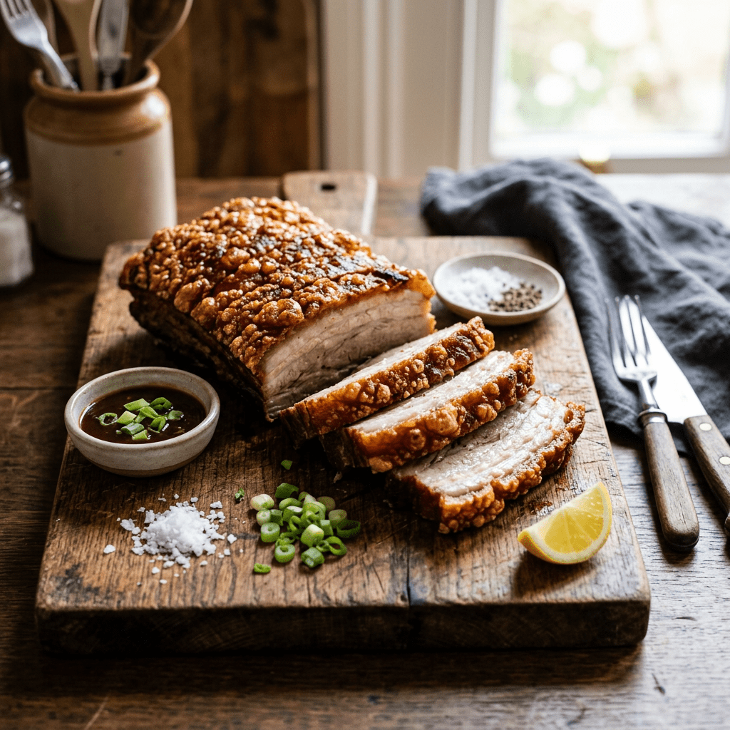 Sliced crispy pork belly with dipping sauce, lime wedge, green onions, and salt on wooden board