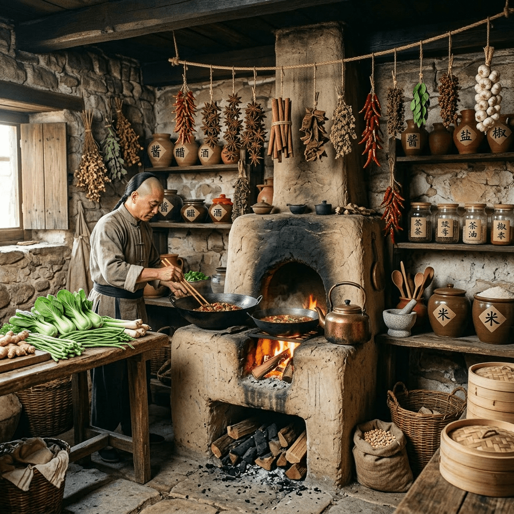 Older woman cooking in rustic kitchen with clay stove and hanging herbs