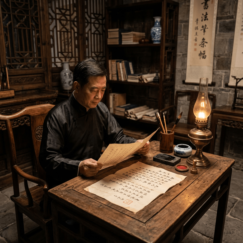 Man in traditional Chinese clothing reading calligraphy scroll at wooden desk with lamp