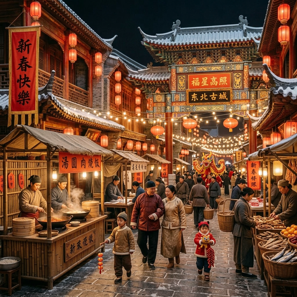 Traditional Chinese street market at night with families, lanterns, and food stalls