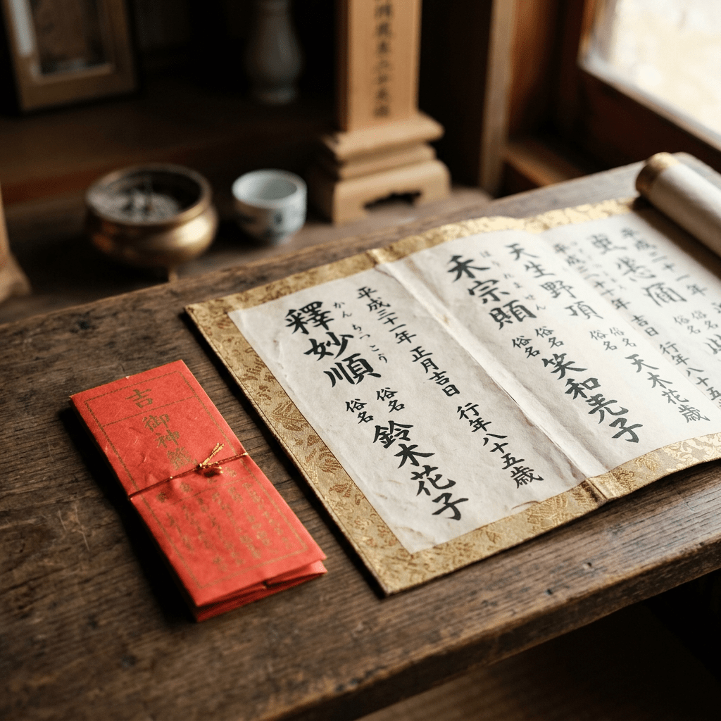 Japanese calligraphy scroll with gold border beside a red paper talisman tied with gold string