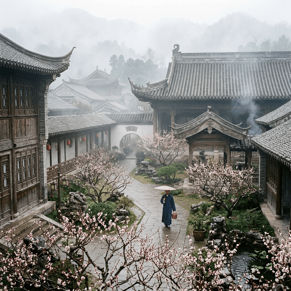 Traditional Chinese courtyard with blossoming trees, stone pathway, and a person holding an umbrella