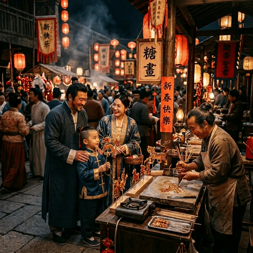 Family admiring sugar art figures at a crowded Chinese Lantern Festival market stalls