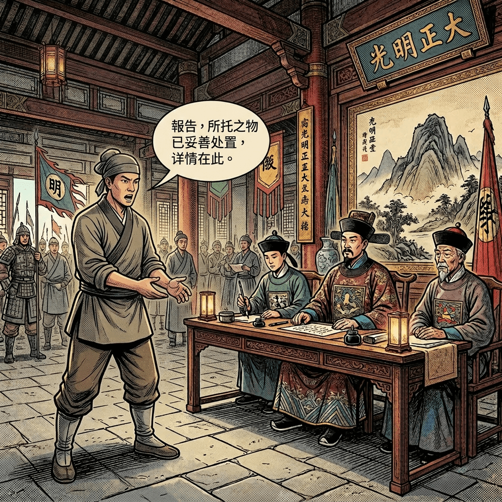 Warrior reports critical market corruption to seated officials in traditional attire