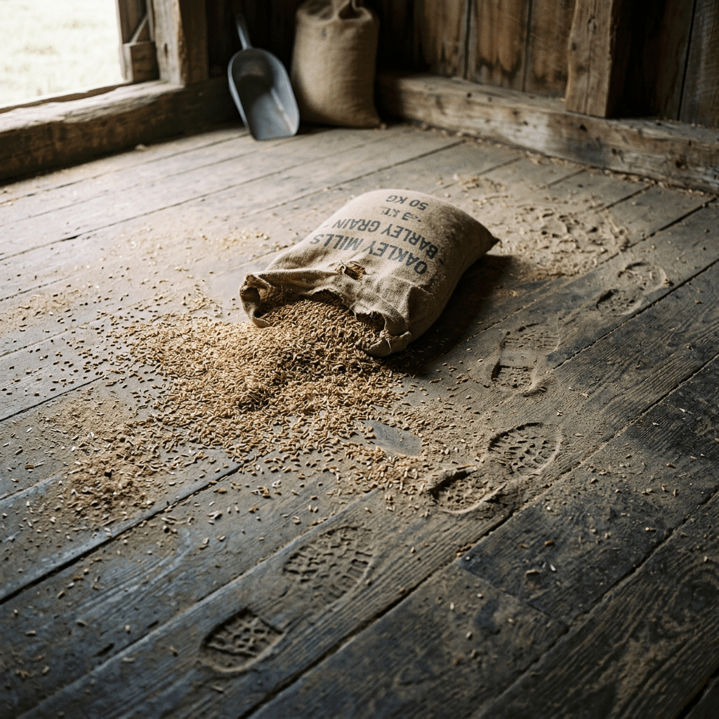 Burlap sack labeled 'Barley Grain' spilled on wooden floor with footprints