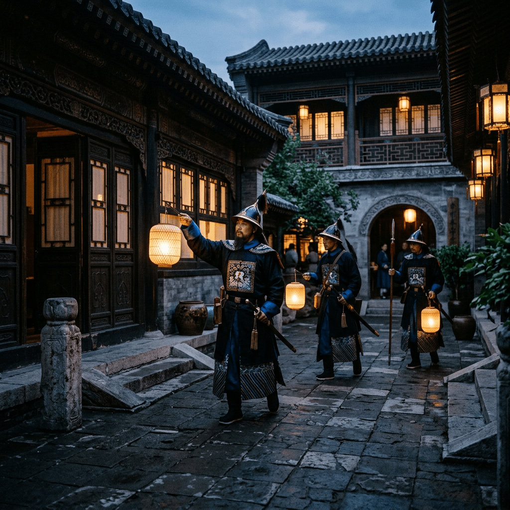 Three guards in traditional blue uniforms and pointed hats holding lanterns walking through a historic courtyard at dusk.