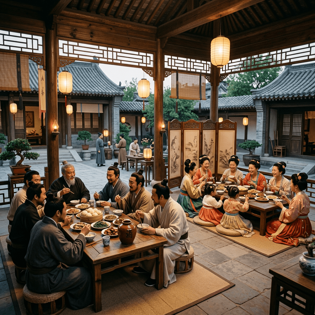 Groups of men and women in traditional Chinese clothing eating meals at low wooden tables in a courtyard.