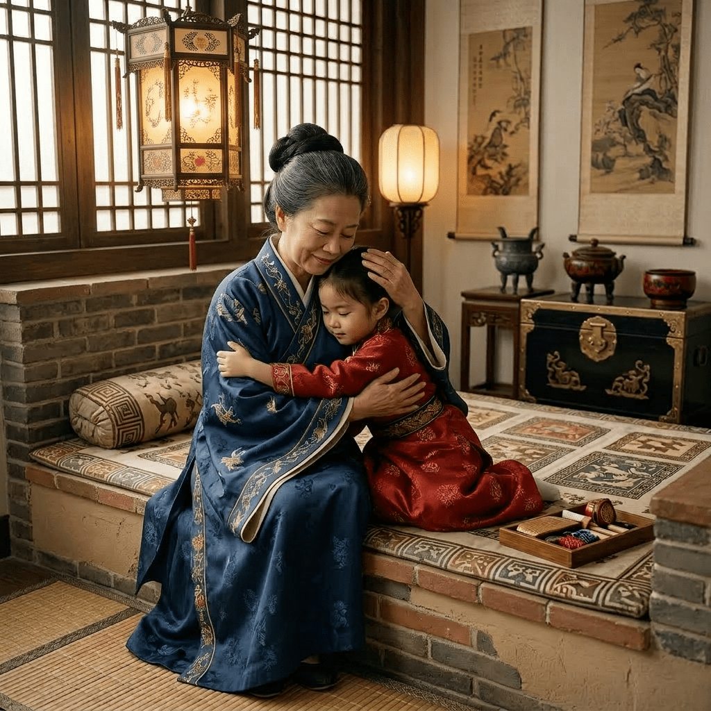 Grandmother and granddaughter looking at jewelry box with ornaments inside