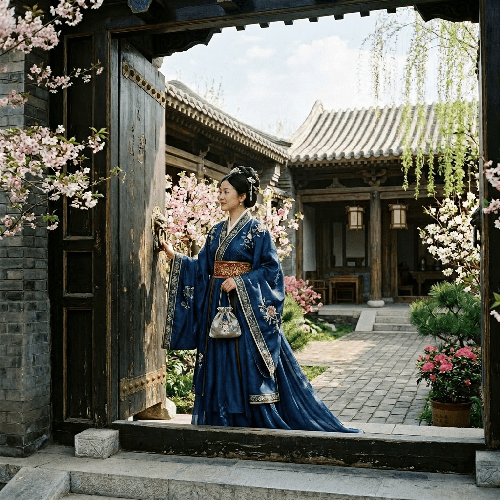 Woman in blue qipao opening large wooden gate in a blooming Chinese courtyard