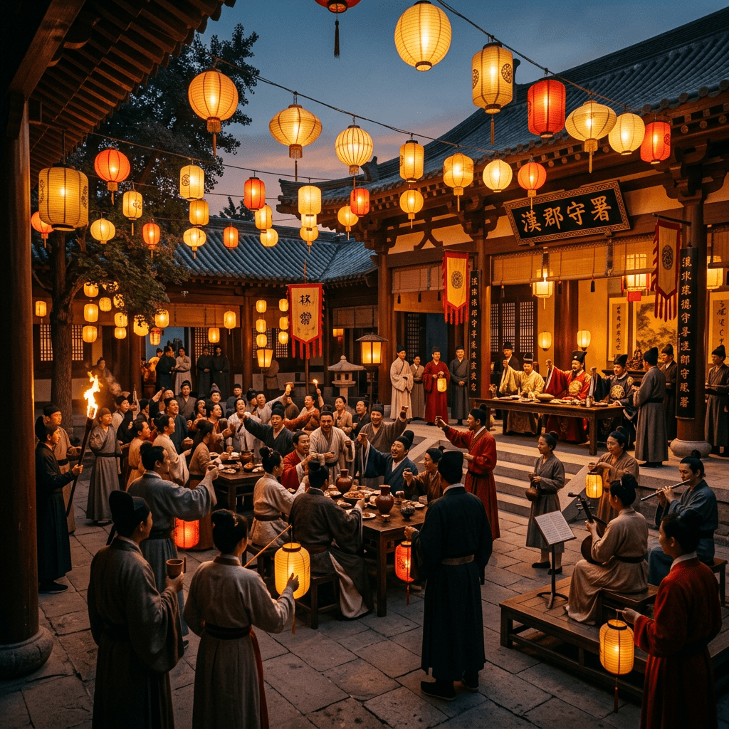 Traditional Chinese courtyard with people celebrating lantern festival with music and drinks