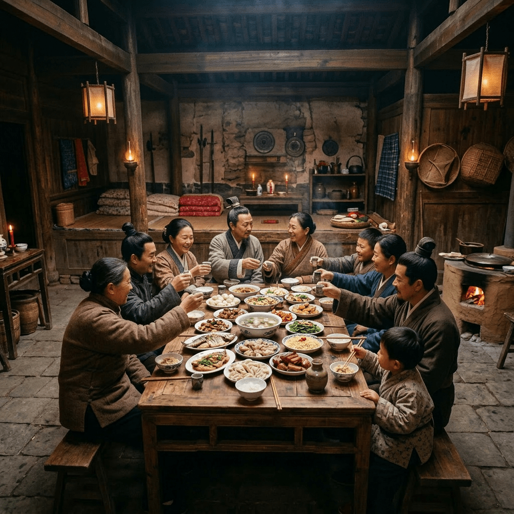 Multigenerational Chinese family enjoying a celebratory meal with red lanterns and festive decorations