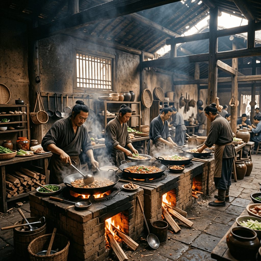 Four chefs cooking large woks of food over open flame stoves in a traditional kitchen